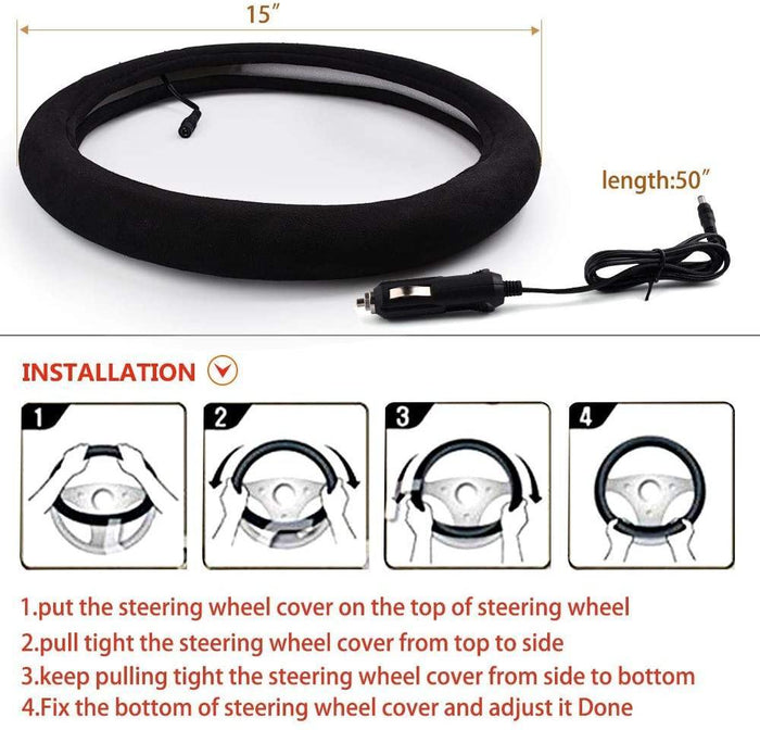 Warm Touch Heated Steering Wheel Cover Heats up Quickly - Universal Size 14.5-15.5