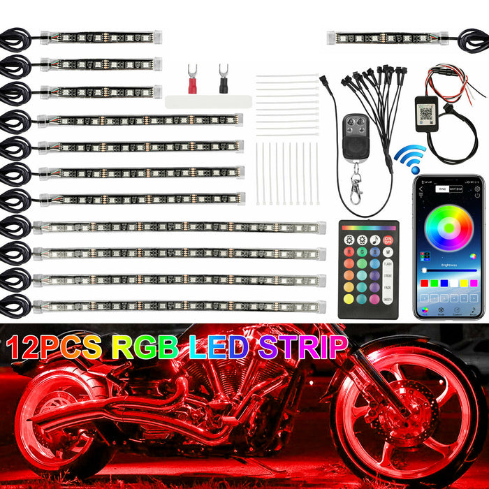 12PCS Wireless Bluetooth RGB Motorcycle ATV LED Light Under Glow Neon Strips Kit