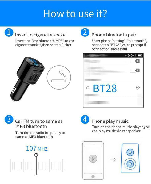 3.6A Quick USB Charger Bluetooth Music Player FM Transmitter Phone Handsfree Carkit - Rokcar