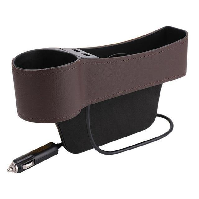 PU Leather Car Seat Gap Storage Box Crevice Organizer Pocket Dual USB Cup Holder - Rokcar