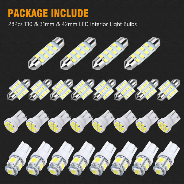 28PCS LED Lights Interior Package Kit for Dome License Plate Lamp Bulb 6000K White