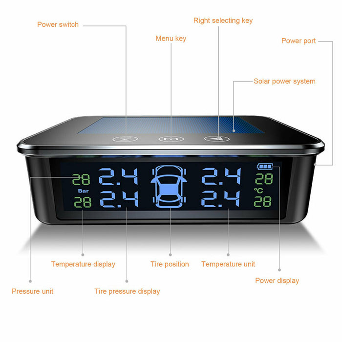 Touch Solar TPMS Wireless Car Tire Pressure LCD Monitoring System + 4 Sensors