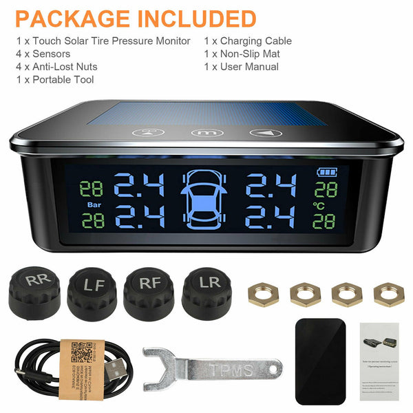 Touch Solar TPMS Wireless Car Tire Pressure LCD Monitoring System + 4 Sensors