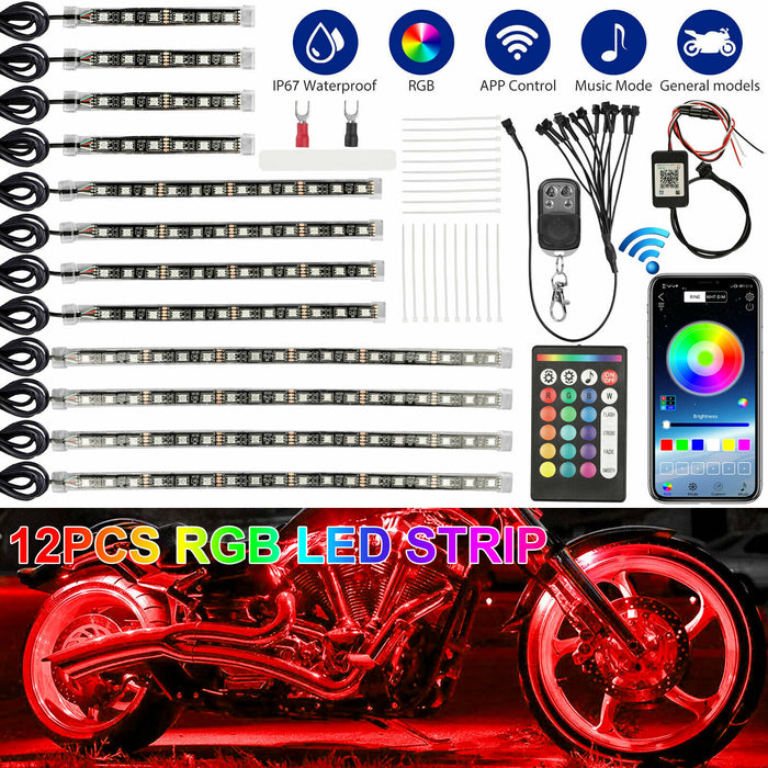 12PCS Wireless Bluetooth RGB Motorcycle ATV LED Light Under Glow Neon Strips Kit