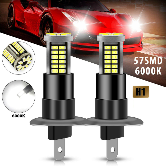 2Pcs H1 57-SMD 6000K Super White 100W 3200LM LED Fog Driving DRL Bulbs Lamp Kit