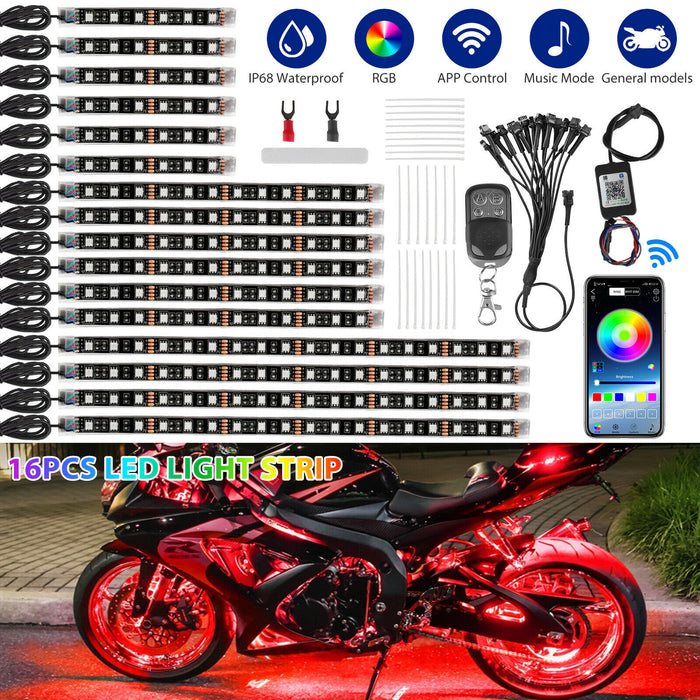 16X Wireless Bluetooth Motorcycle ATV RGB 180LED Under Glow Light Strip Neon Kit